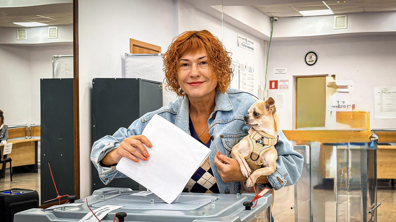 В Клину жительница Дарья Сажина проголосовала на участке № 3653 в клубе «Стекольный» вместе с членом семьи — собакой Тимофеем.